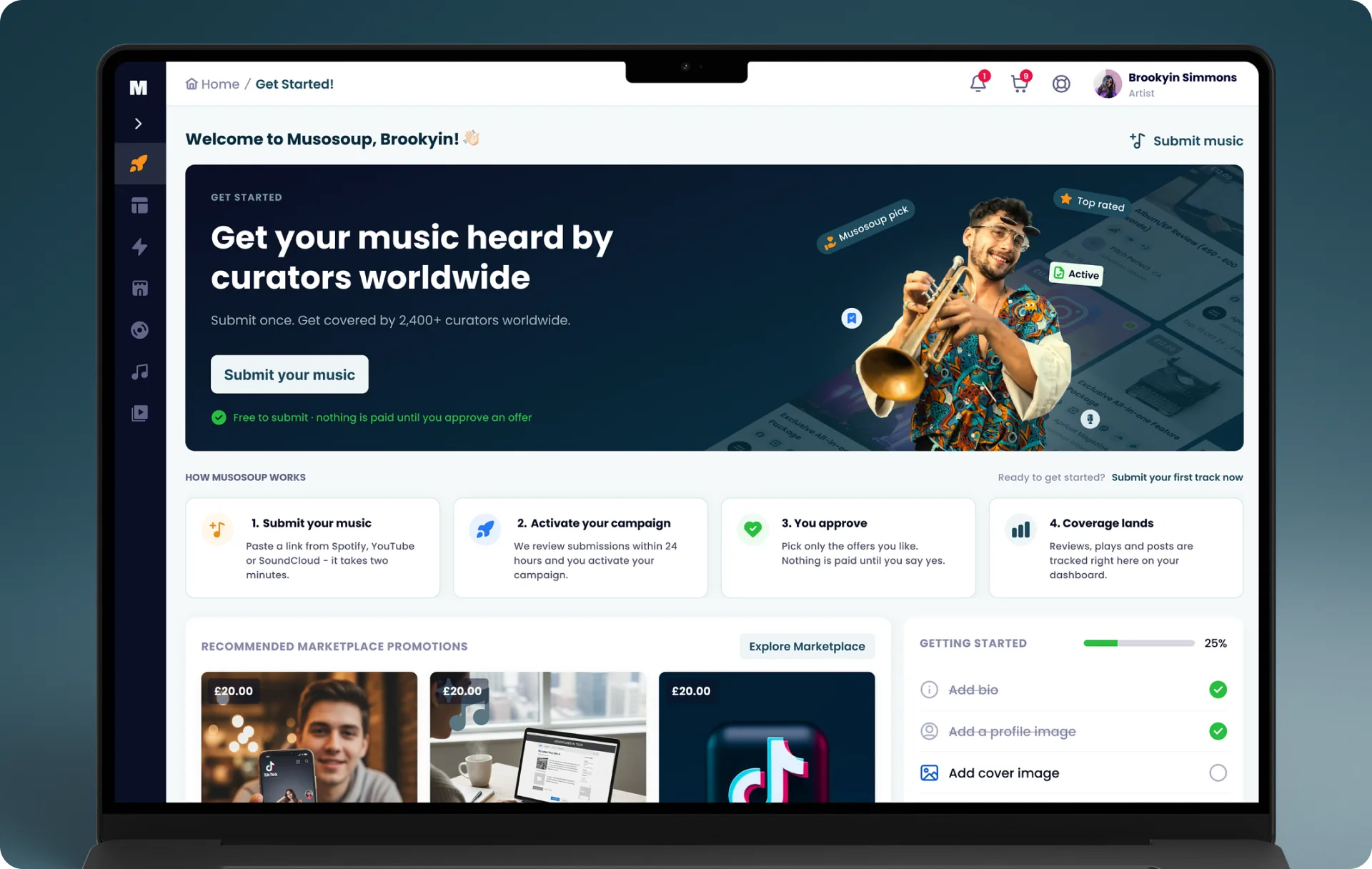 Musosoup’s artist dashboard on a laptop: getting started, how it works and marketplace promotions